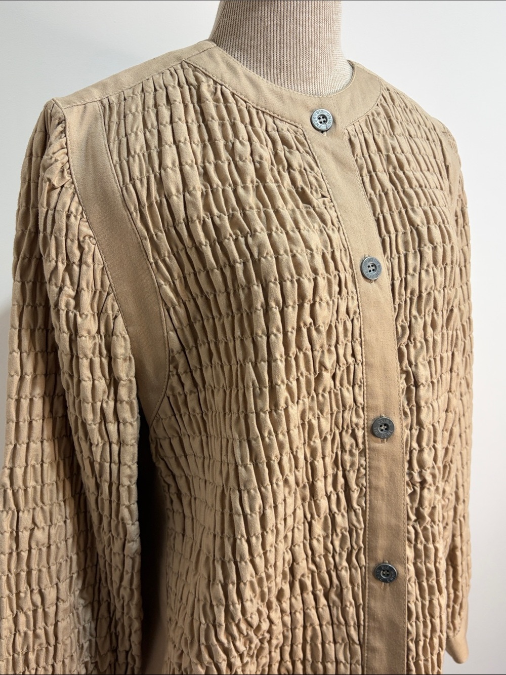 Gene Ewing Bis Women's Blazer Jacket Size S Tan Smocked Oversized Lagenlook